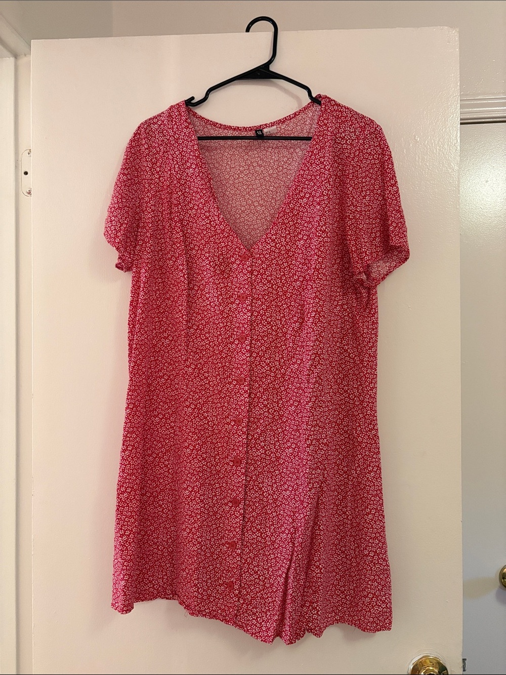 Red floral button up dress with tie back